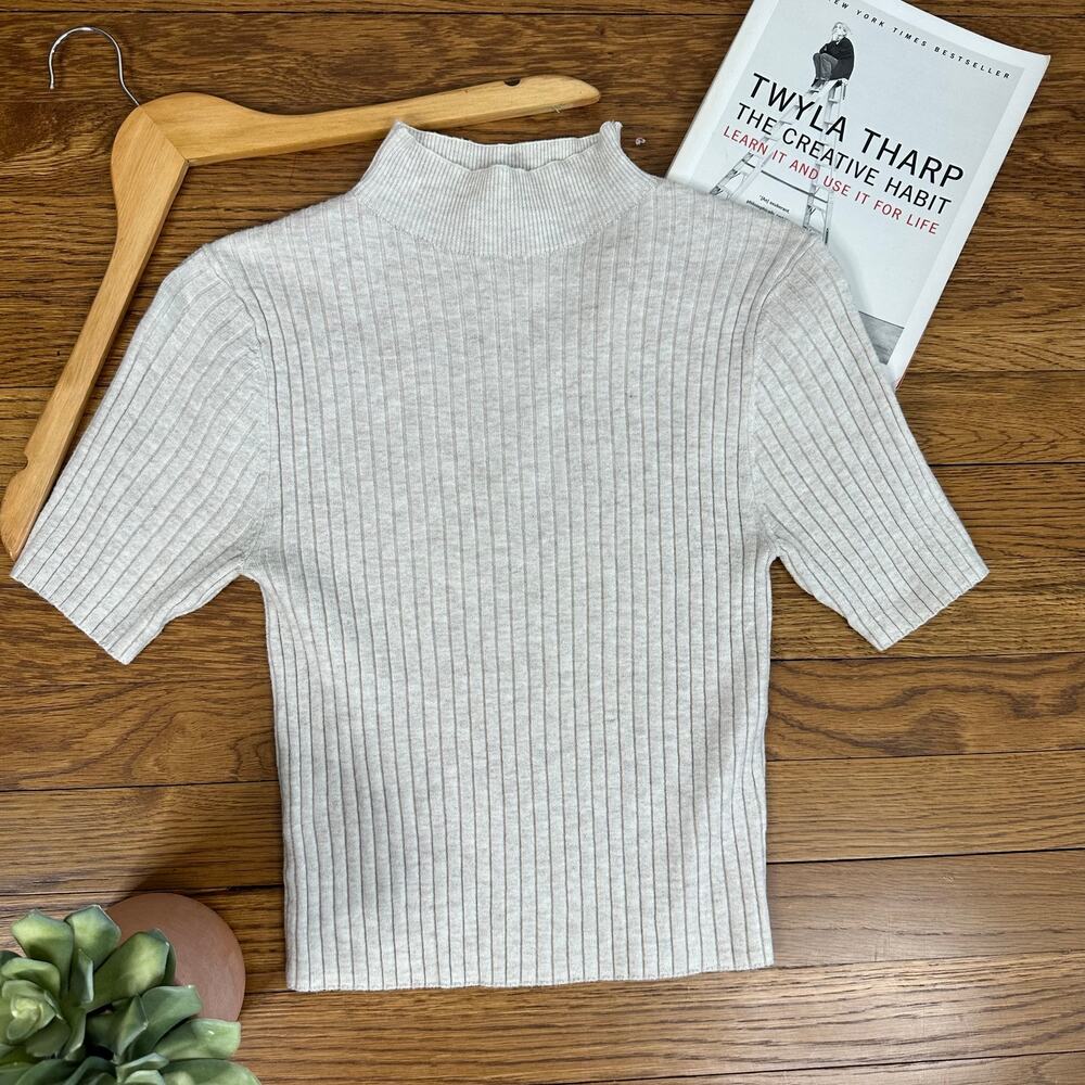 a new day Cream Cropped Ribbed Knit Lightweight Turtleneck Top